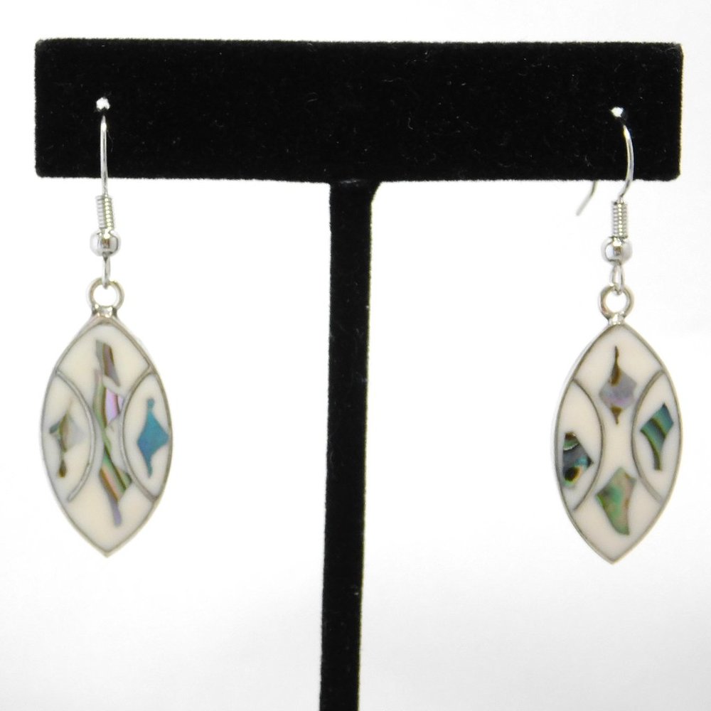 Mexican Earrings Vintage Abalone Shell Alpaca Silver Dangle Drop White Enamel